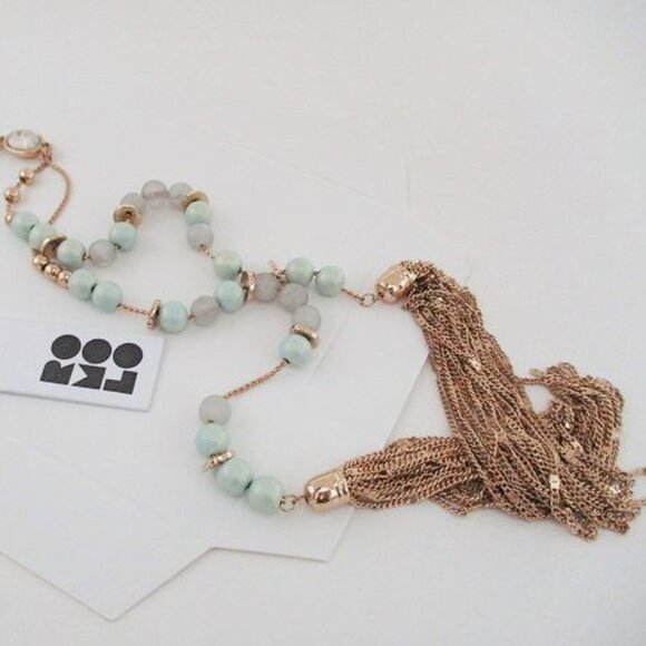 Romolo Gold & Light Blue Beaded Tassel Necklace - Picture 1 of 11